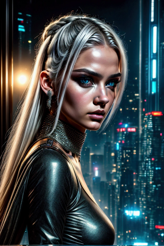 ( The best quality, 16K, Ultradetailed, clarity) a blonde woman ,  clothing with low-cut cyberpunk-style clothing , model shoot style, ( extremely detailed CG 8k wallpaper unit),  photo of the most beautiful art in the world , majestic professional (Photograph by Steve McCurry), 8K HD, dslr,  soft lighting , High quality,  grain of the film, Fujifilm XT3  sharp focus , f 5.6, high detail,  sharp focus , Dramatic, (wearing cyberpunk ), ( Looking at the viewer:1.2), (natural light), (seductive)
