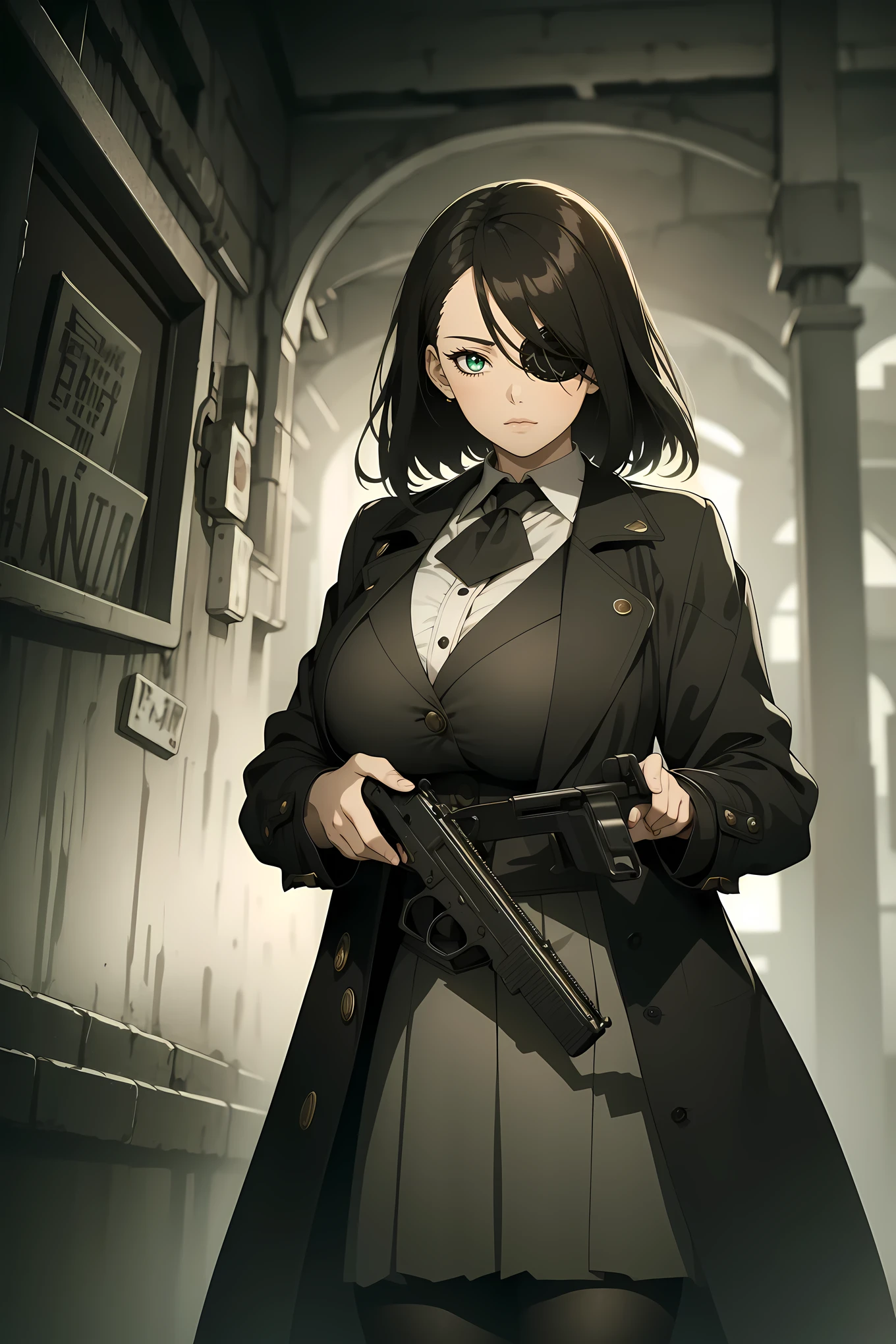 secret agent,hand gun,eyepatch,black hair,emerald eyes,gigantic breasts,long coat,blouse,skirt,pantyhose,dystopia,foggy,gothic steampunk, masterpiece,ultra detailed,absurdres,time stop,impact,volumetric lighting,cinematic lighting 