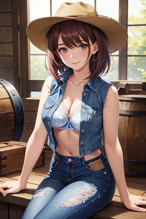 my grandmother、 shiny maroon hair,  short hair, ( brown pretty eyes 、 Sparkling Eyes, Fine grain)、smile、 super detailed eyes、 Highly Detailed Face ,  in a very detailed ,(masterpiece,Best Quality), 1 adult female , cowboy shot、



Sunset Shimmer,  cowboy hat sitting on a barrel,  Denim skirt, Cowboy boots, chest, smile, Wear a , ((Denim vest、 white lace bra))