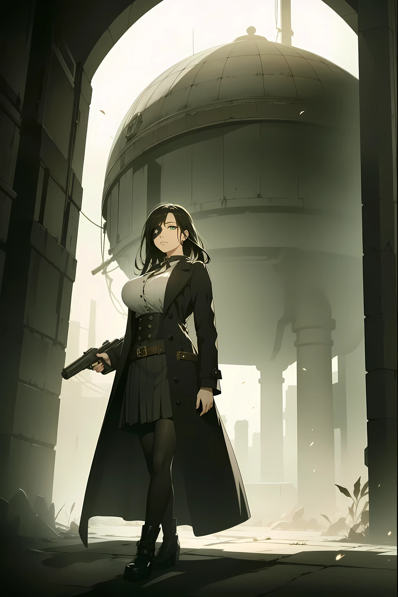 secret agent,hand gun,eyepatch,black hair,emerald eyes,gigantic breasts,long coat,blouse,skirt,pantyhose,dystopia,foggy,gothic steampunk, masterpiece,ultra quality,extreme detailed,absurdres,time stop,impact,volumetric lighting,cinematic lighting 