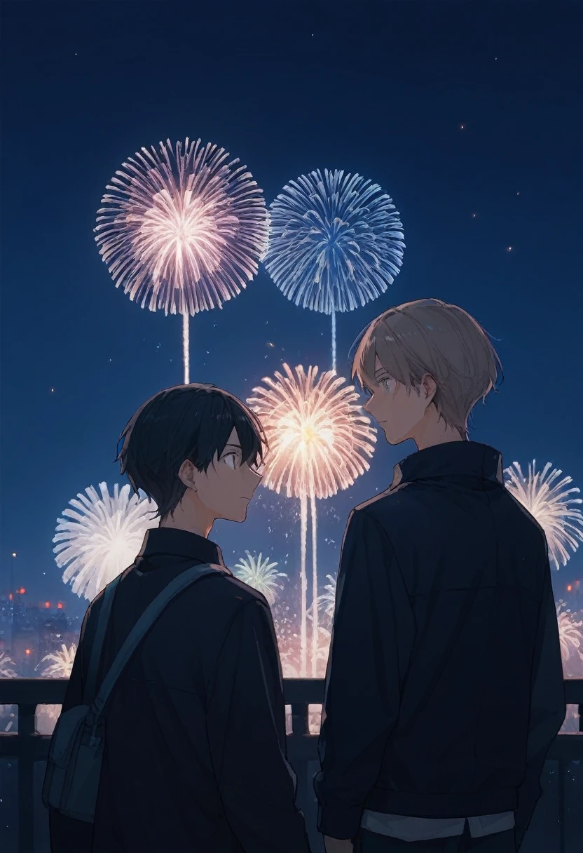 there are two men。Tall and blond high school students  。 watch fireworks for 2 at a distance。High quality anime illustration 。