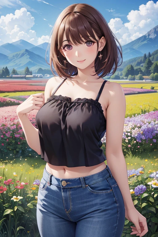 my grandmother、 shiny maroon hair,  short hair, ( brown pretty eyes 、 Sparkling Eyes, Fine grain)、smile、 super detailed eyes、 Highly Detailed Face ,  in a very detailed ,(masterpiece,Best Quality), 1 adult female , cowboy shot、


 one girl shaking her hips,  Dynamic Angle, Clouds and mountains, (Flower Field:1.4) In the foreground, white cropped top,  denim pants 、Bare shoulders, (Coloured Wind :1) (Realistic:1.4), Official Art,   unity 8k Wallpaper  , super detailed, beautiful、Midea, masterpiece,Best Quality,   growing skin , Cinema Lighting, 軽いsmile