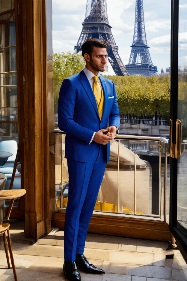 A man dressed in a stylish blue suit with a yellow pocket square enters a chic café in Paris. He gazes at the view of the Eiffel Tower while sipping an espresso. What is he thinking?

