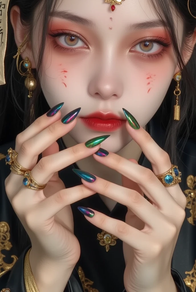 1girl,blue nails,close-up,fingernails,green nails,hands,jewelry,long fingernails,nail art,nail polish,red nails,ring,thumb ring