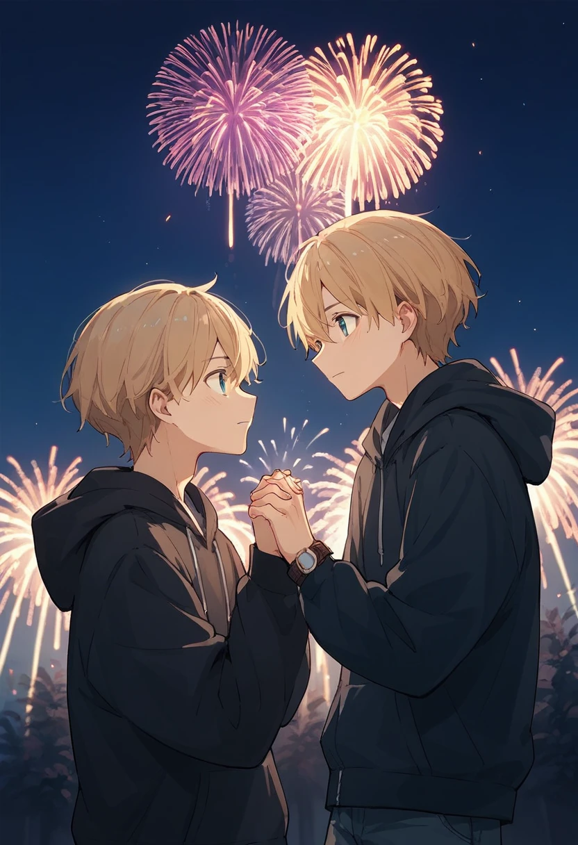 there are two men。Tall blonde high school students 。Wearing a hoodie、 watch two fireworks while holding hands。High quality anime illustration 。