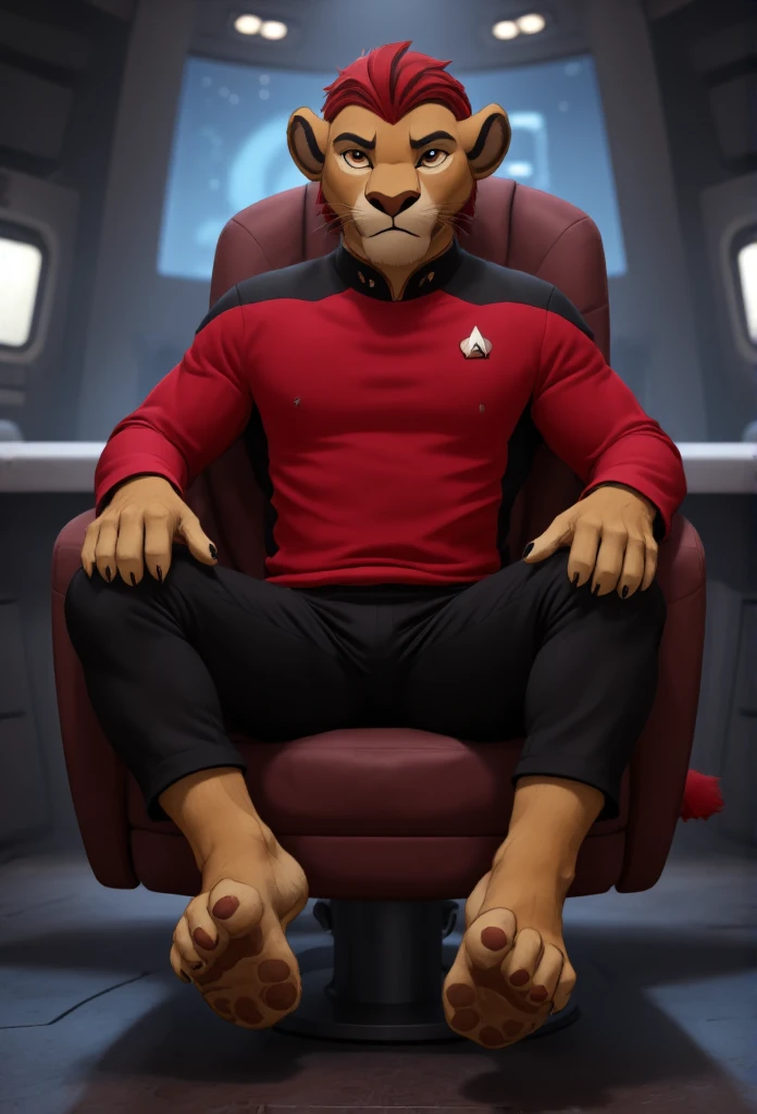 (((Barefoot furry character, full body, cinematic setting, furry boy, anthro lion, plantigrade))), (((anime))). beefy, muscular (((Kion))), (((younger Kion wearing red TNG uniform))), black shoulders, black pants, focused, determined, ((nice detailed feet paws with claws))), (((four toes))), short red hair, red tip of a tail, (((correct anatomy))) (((sitting in captain chair in command center of starship, bridge of the starship))), (((showing his soles to viewer))), (((bottoms of feet paws towards viewer))), (((soles with pawpads towards viewer))) . BREAK, intricate details, highly detailed, extreme detail, octane render, fine art, best quality, highres, (detailed face:1.5), ((full_body)), UHD, (((perfect hands))), ((low light:1.5))