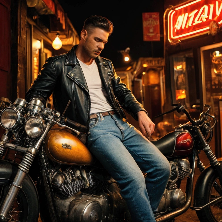 A man in a leather jacket and faded jeans leans against a vintage motorcycle outside a dimly lit bar. The neon lights flicker as he takes a drag from a cigarette. What memories are haunting him?

