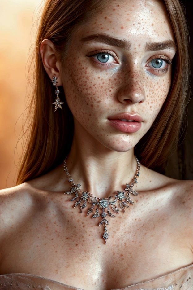 a woman with freckles and a necklace on, beautiful detailed eyes, beautiful detailed lips, extremely detailed face, long eyelashes, elegant expression, delicate facial features, detailed skin texture, intricate necklace design, warm lighting, cinematic composition, vibrant colors, muted color palette, soft focus, photorealistic, 8k, high quality, masterpiece