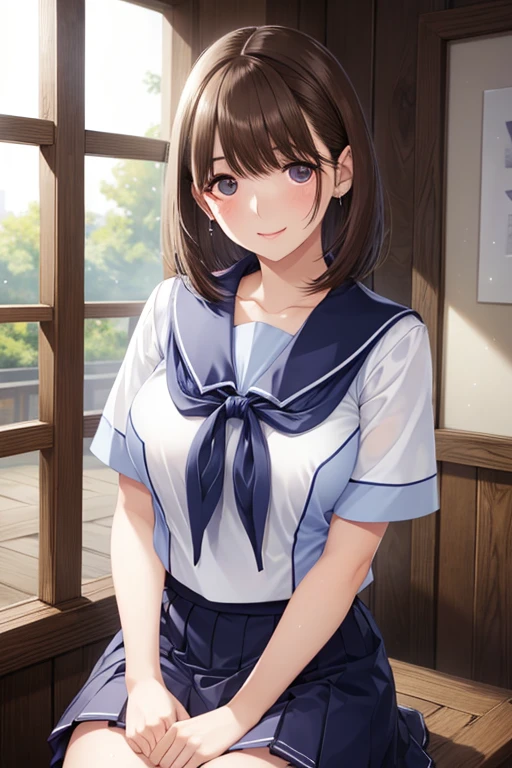 anegasaki nene、Shiny brown hair, short hair, Beautiful brown eyes、smile、Sparkling eyes, (Fine grain)、Ultra-detailed eyes、Highly detailed face, Highly detailed eyes,

Short-sleeved white sailor suit、Navy blue mini pleated skirt、Very short mini skirt、Bare thighs、

((Japanese High School Uniform)),wear short pleated skirts 、Silk panties sticking out、Panty shot、Pay attention to the panties、Soft Skin、Shrine torii gate, 8K,Are standing ,Full Body Shot、 Highest quality, masterpiece, Realistic, PhotoRealistic super detail, One Girl, cute, 最高のsmile, Beautiful Eyes, , Perfect Face,Full Body Shot