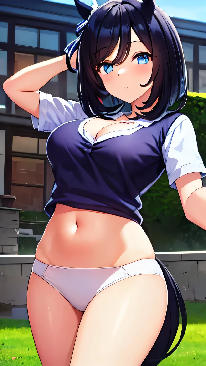 ((Table t○p, highest quality, Hi-Res Lucifer,Anime Screen Capture、Pixel perfect, 8k, Browsing Caution)))、((((Surrounded by a few guyultiple Coxcular)))、Perfect Anatomy、(((Huge breasts、Wide Hips、Wide ass、Wet、Place your hands behind your head、Armpits)))、(((Bobcut)))、(((School Uniform、White Shirt、Black Mini Skirt、Blue striped panties)))、Sweat, vapor,(Yellow Eyes)、((Black Hair)),  ((((I&#39;m worried、blush、Embarrassing))))、smile、(Back alley in the dark night)、