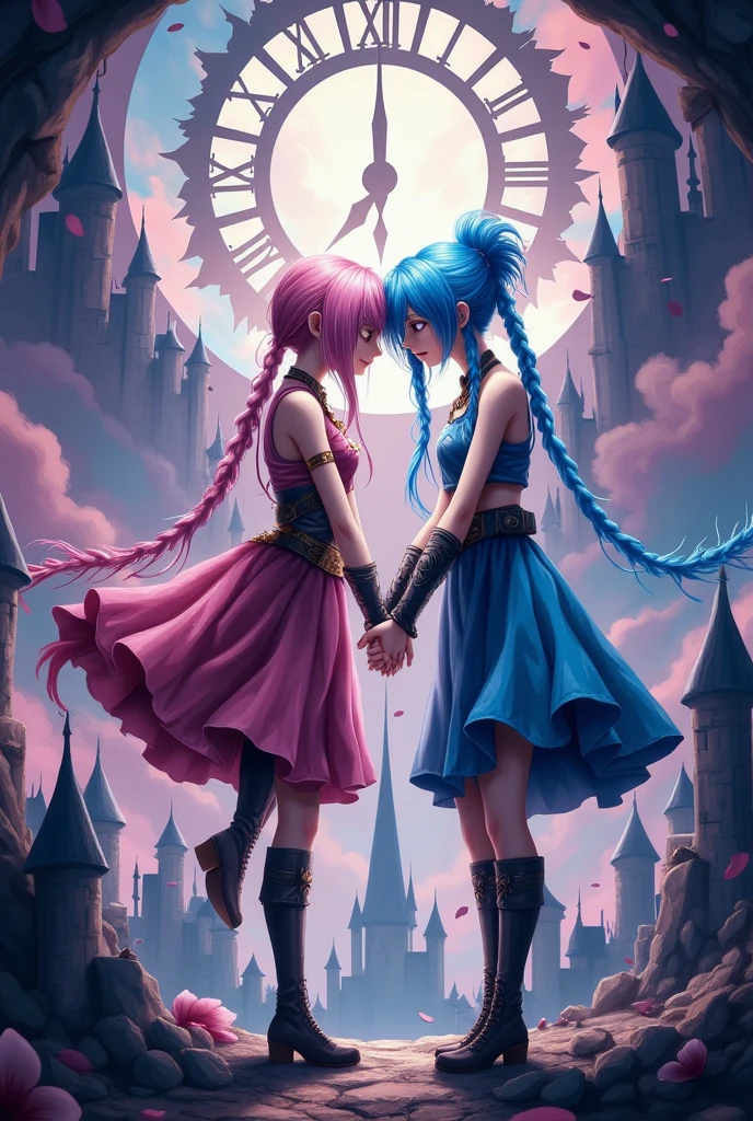 (2girls:1.3),(akemi_homura\(Puella Magi Madoka Magica\) and kaname_madoka\(Puella Magi Madoka Magica\) are holding hands) ,colorful and geometric and chaotic background of chaotic gothic shadow puppet castles,(in a very psychedelic nightmare),big clock motif at the center of background,  BREAK ,quality\(8k,wallpaper of extremely detailed CG unit, ​masterpiece,hight resolution,top-quality,top-quality real texture skin,hyper realisitic,increase the resolution,RAW photos,best qualtiy,highly detailed,the wallpaper,cinematic lighting,ray trace,golden ratio\),(long shot),wide shot,landscape,blured background,(art by Maurits Escher:1.3)
