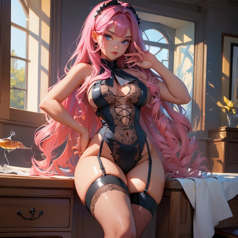 (masterpiece, best quality:1.4), absurdres, highres, ultra detailed, beautiful, (perfect face, detailed face, beautiful:1.3),(breasts exposed), black pencil skirt, tight, over the knee skirt, thighhighs, thick thighs, thighs,Garter Belt Stocking Fishnet, More detailed 8K.motor irreal:1.4,UHD,La mejor calidad:1.4, fotorrealista:1.4, textura de la piel:1.4, obra maestra:1.8,obra-prima, mejor calidad, (detailed face features:1.3),(manos detailed)