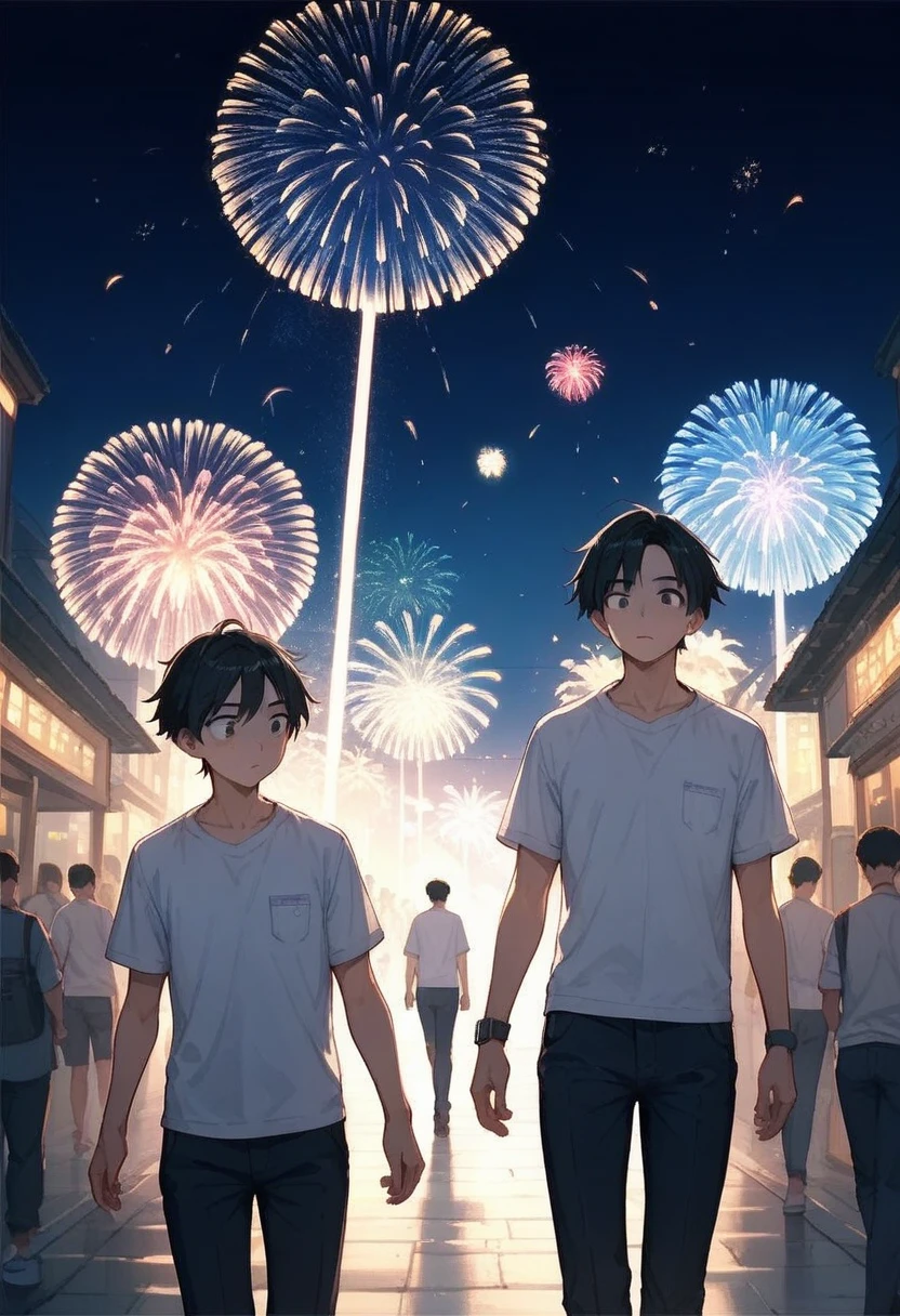  ( 2 guys)、Tall, black hair, white shirt 、 second one has straight black hair and wears a white shirt。The two seem to be having fun 。dating between guys。 and 2 people watch fireworks while walking。Best Quality、Precise depiction