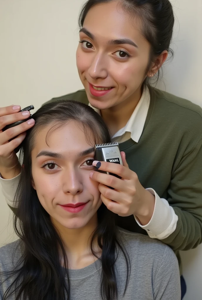 Real photograph of two curvy beautiful young women, one (half finished shaving the other's head). ((((first woman is hairless, the skin on her head is pale and smooth)))), (((she is holding "Wahl" hair clippers which are currently (shaving the second woman's head), she is intensely looking at the (second woman's bald head and hair clipper)))). (((Second woman has her top and left side of her head bald completely))). (((Covering second woman are (fine short bits of dark hair) and (long strands of cut hair) stuck on and draped over her shirt))). (((Second woman) is excitedly looking at the viewer and smiling half bald)).
