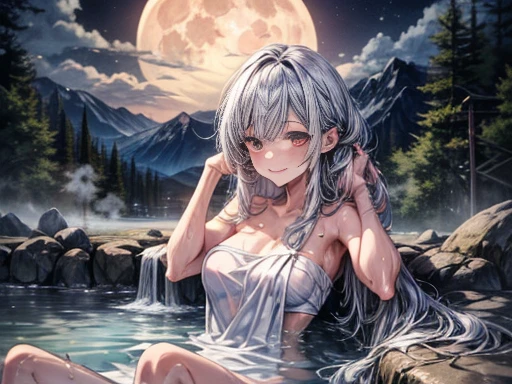 In 8K、top-quality、​masterpiece、Ultra-detailed、  super high resolution  、 anime style、Open-air bath、 Rock Bath 、 fullmoon、Mountain in the background々、One girl、 wrap a bath towel around your body、Prone、smile、(Wet your hair)、(steam)