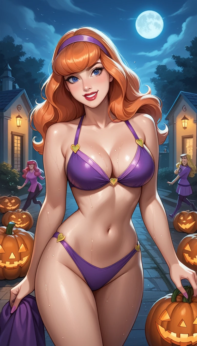  Daphne Blake, purple bikini, long hair,((hair covers one eye)),blue eyes, smile,,windy,thick thighs,  BIG BREASTS, vibrant colors ,Running cemetery in the background ,wet,   lipstick and lip gloss  ,  cinematic highlight,clima Halloween, movement, perseguida