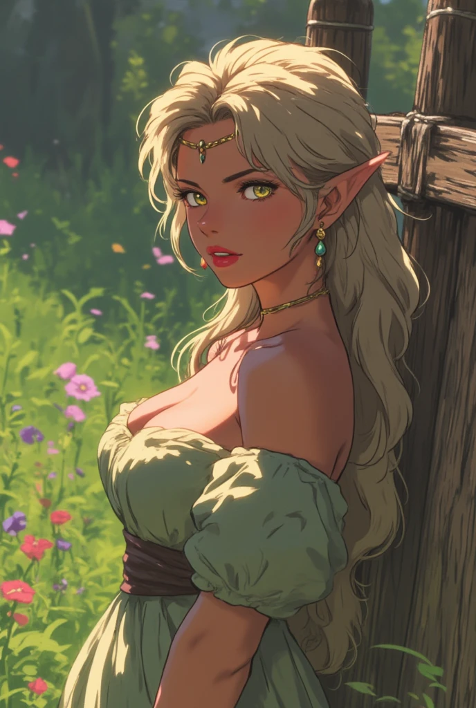 Adult woman, arched back, large breasts, Sundress, windy blonde hair, yellow eyes, elf, in the garden, leaning against a wooden fence, cleavage, mole on breast