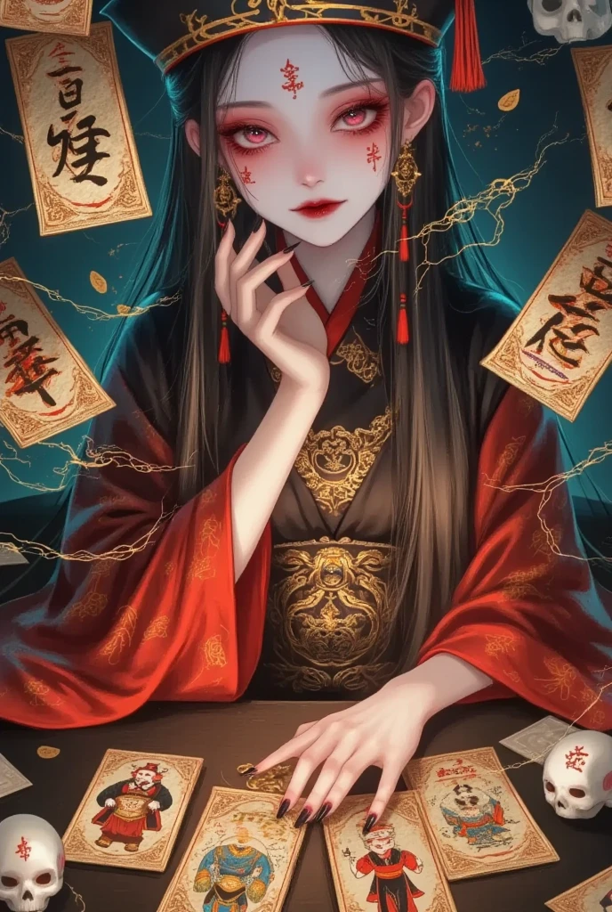 Beautiful Onmyoji ，Half human and half devil，Strange smiles ，Strange Chinese Bride ，Chinese aesthetics，Magic Circle， array tarot cards，triangle hat ，skull headdress，Red Mantle ，Yin Cao Di Mansion，  Pretty Necromancer Girl Gouache Painting ,  Anime Art Wallpaper 4K, Anime Art Wallpaper 4K