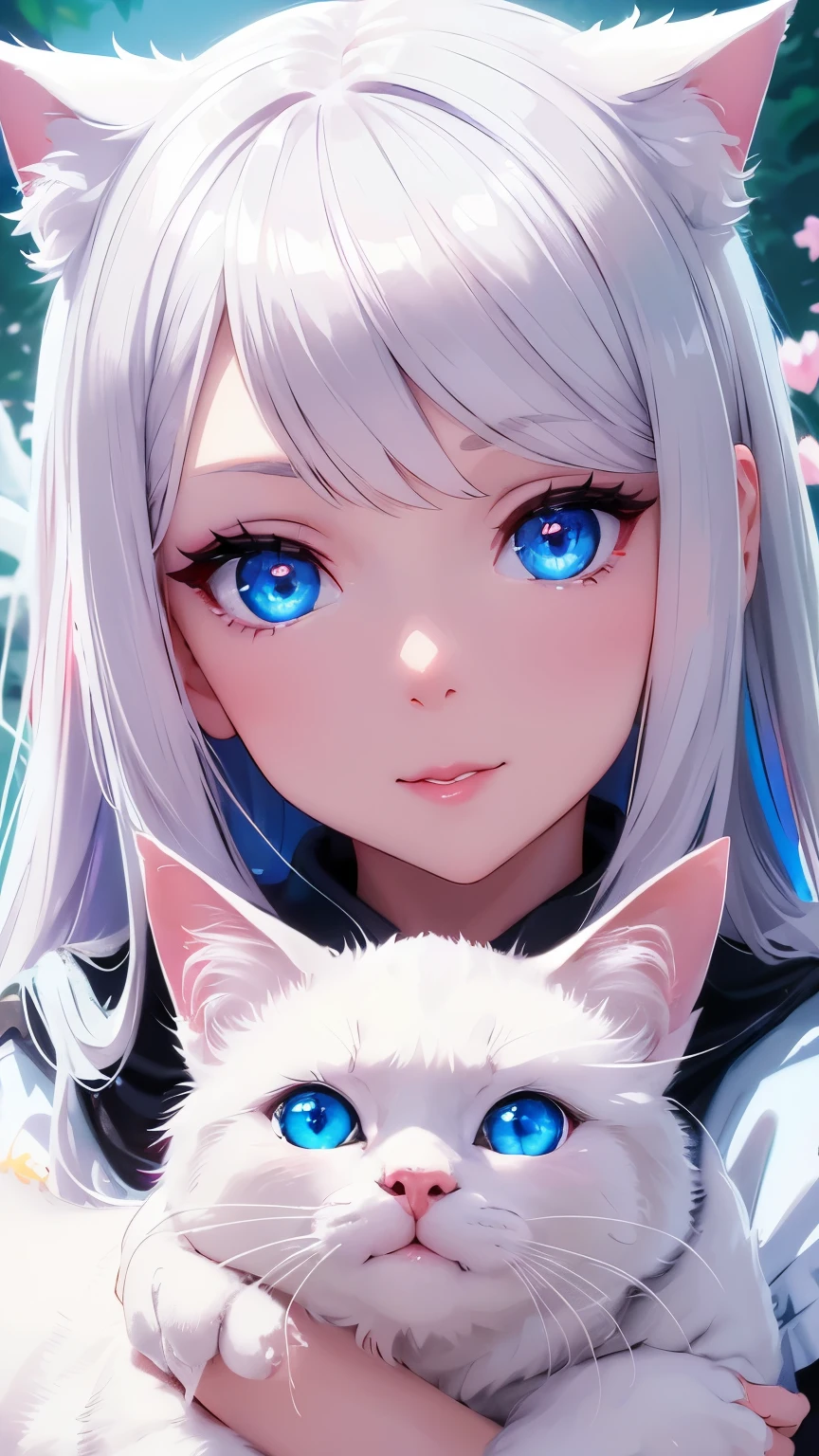 a cute cartoon girl, beautiful detailed eyes, beautiful detailed lips, extremely detailed eyes and face, longeyelashes, hugging a white cat, serene expression, soft lighting, colorful pastel palette, whimsical and imaginative style, beautiful detailed background, magical realism, highres, best quality, 4k, 8k, masterpiece, photorealistic
