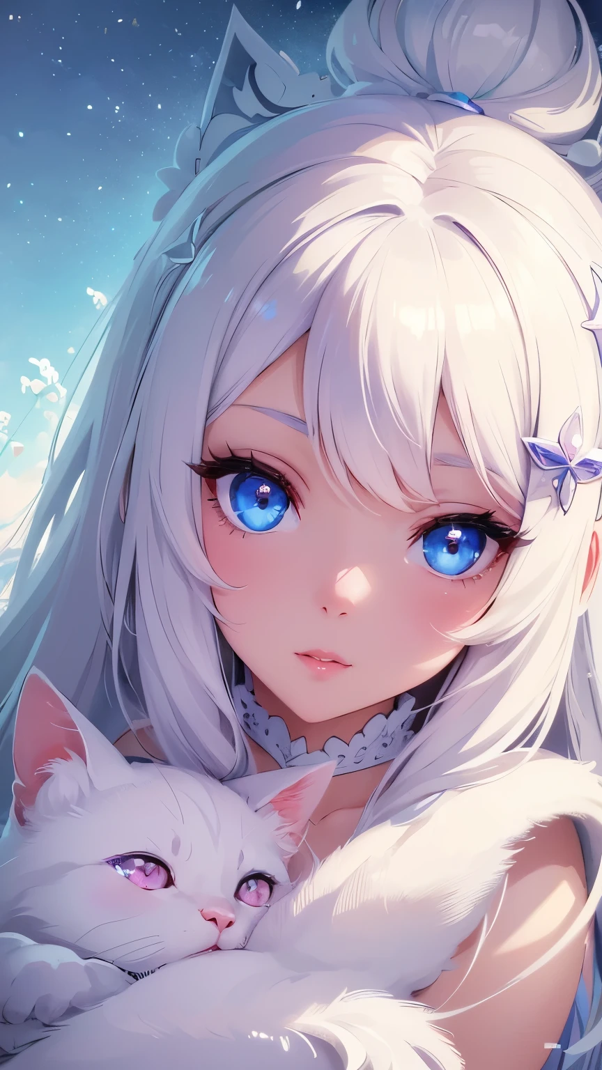 a cute cartoon girl, beautiful detailed eyes, beautiful detailed lips, extremely detailed eyes and face, longeyelashes, hugging a white cat, serene expression, soft lighting, colorful pastel palette, whimsical and imaginative style, beautiful detailed background, magical realism, highres, best quality, 4k, 8k, masterpiece, photorealistic
