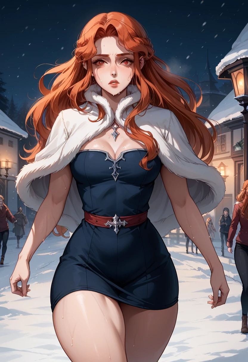 (better quality:1.3), (4K quality), Lenora  (Castlevania), ((  face image)), (( curvy body)), (big ), Sensual,red eyes ((flowing black short dress)), running in the snow,night, thick thighs, Sweat, speed