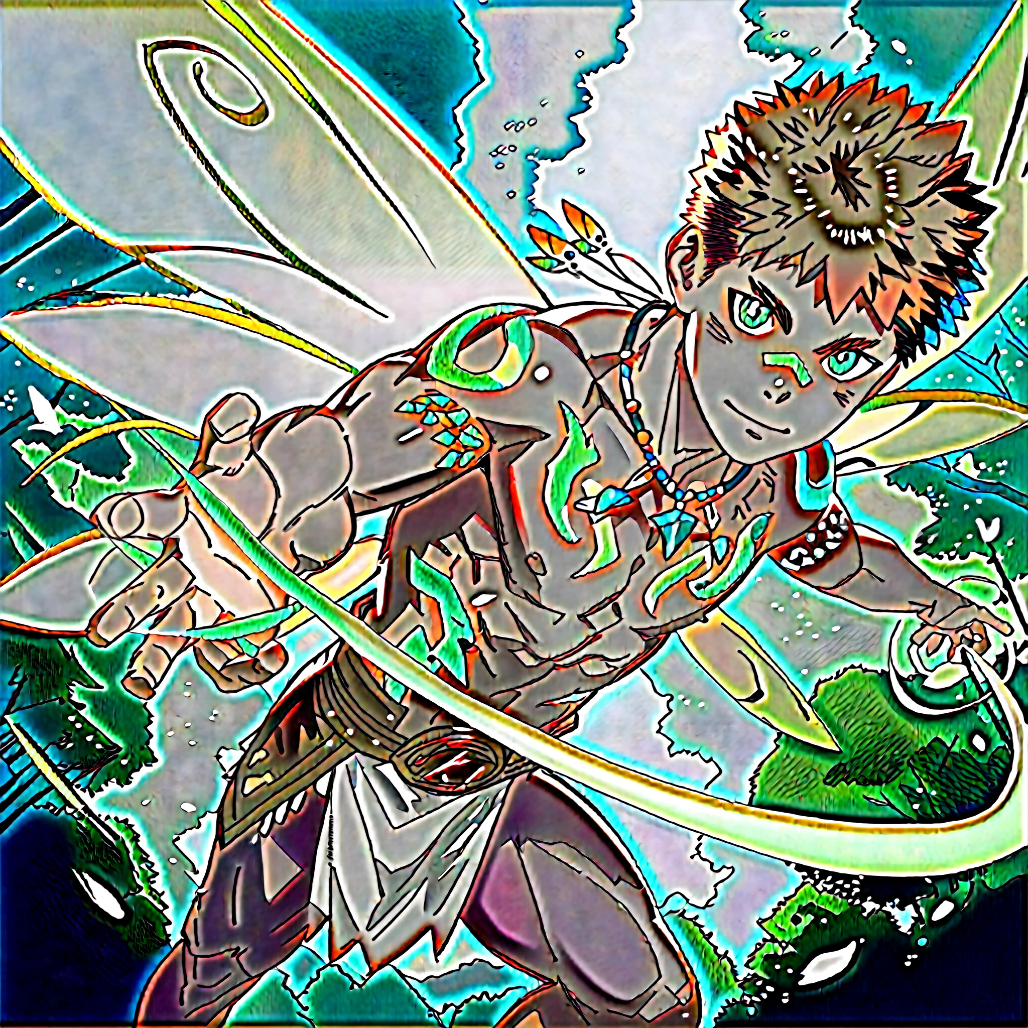 (masterpiece,best quality,H),1 person,Nude boy,very shy,Face turned red,Shy,muscular,delicate eyes,Nude,(Nude),blue eyes,Shirtless,Upper body body,short blue-purple hair,(fluorescent lamp),(a color),((abstract background))red antennae on head, dragonfly wings