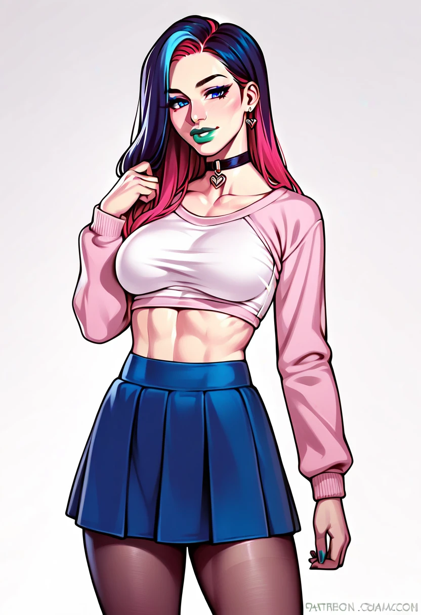 score_9, score_8_up, score_7_up, score_6_up, score_5_up, score_4_up, BREAK source_anime, 1girl, solo, looking at viewer, breasts, gwentd, multicolored hair, two-tone hair, makeup, green lips, choker, crop top, long sleeves, midriff, skirt, pantyhose, cowboy shot,