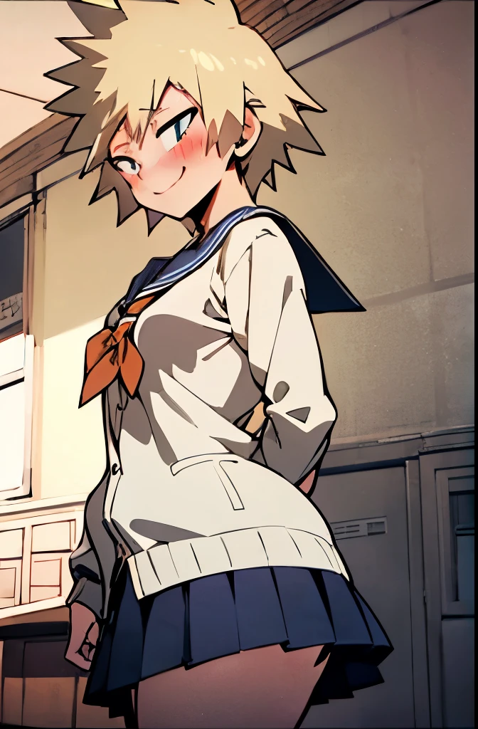 impish smile:1.4,blush:1.4,mitsuki bakugou,Honey blonde hair:1.4,( girl:1.3),Laughter、((Femme fatale、Pervert girl))、school uniform, serafuku, pleated skirt, sailor collar, white shirt, (Yellow cardigan),