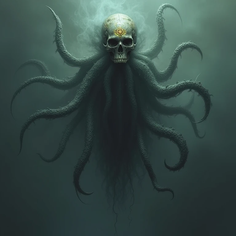 (extremadamente detallado, obra maestra, La mejor calidad), Estilo oscuro, intense illumination, rostro con arrugas, lengua larga, tentacle, deforme, monstruoso, interior de una piscina de agua verdosa, imagen submarina, alien con Colmillos finos, pico de pulpo amenazante. manchas de tinta. Rococo composition. Luz de caravaggio