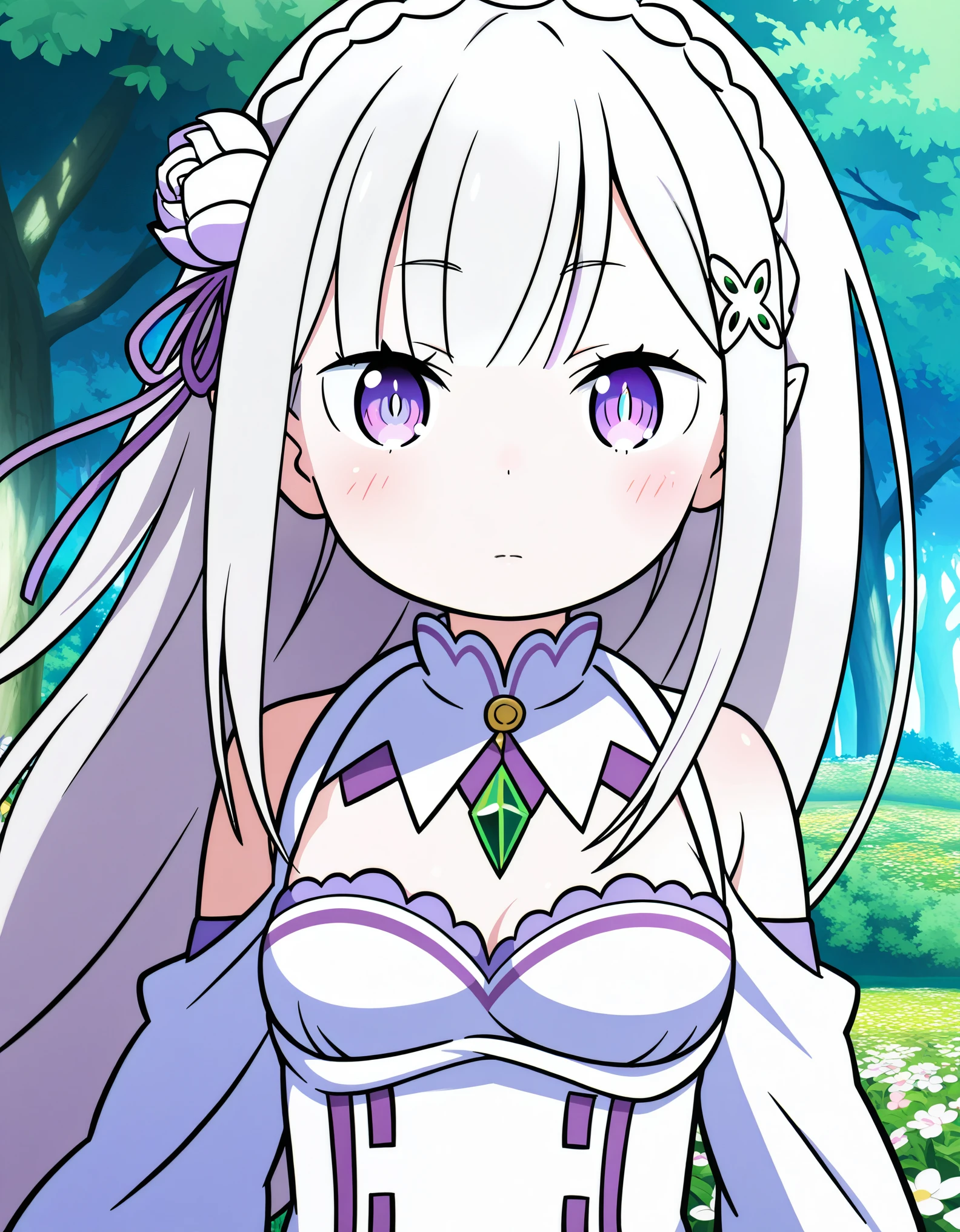 anime_coloring, anime_screencap, masterpiece, amazing quality, best quality, detailed, absurdres, illustration, game_cg, intricate, an extremely delicate and beautiful, 1 girl, cute, perfect anatomy, cute round face, slender, ultra detailed eyes, ultra detailed hair, ultra beautiful, purple eyes, pettier, emilia \(re:zero\), white hair, long hair, white dress, gothic, frills, close-up, young, forest, fantasy, flower, fairy, standing, dynamic pose,