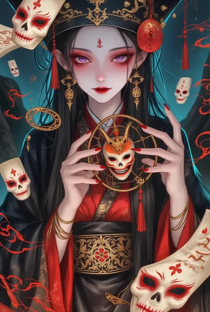 Beautiful Onmyoji ，Half human and half devil，Strange smiles ， Strange Chinese Bride，Chinese aesthetics，Mask on her hand ，Spells，Magic Circle， array tarot cards，triangle hat ， Skull Headwear，Red Mantle ， Inca Land ，  Pretty Necromancer Girl Gouache Painting , Anime Art Wallpaper 4K, Anime Art Wallpaper 4K