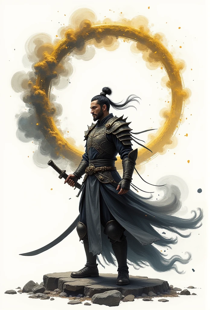 /Sun Wukong, Van Gogh style，The Great Sage of Qi Tian in Chinese mythology,  is depicted wearing ornate armor ,Holding the golden hoop,  Minimalist black and white ink painting , Vector art style , A gold hoop made of swirling smoke all around,  isolated on a solid background ,  inspired by Kentaro Miura's comics , High contrast shadows,  Dark Fantasies ,  Realistic texture  , Watercolor splash,  Nipple Stimulation  , dramatic, Dark black and gray , Visible paper texture. :120 --stylize 50 --v 6.1