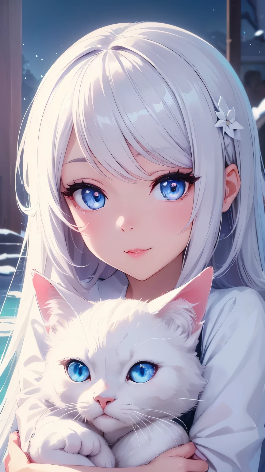 a cute cartoon girl, beautiful detailed eyes, beautiful detailed lips, extremely detailed eyes and face, longeyelashes, hugging a white cat, serene expression, soft lighting, colorful pastel palette, whimsical and imaginative style, beautiful detailed background, magical realism, highres, best quality, 4k, 8k, masterpiece, photorealistic
