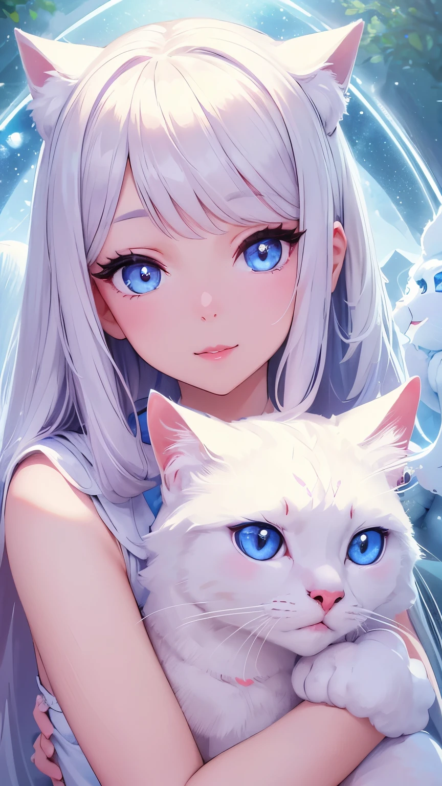 a cute cartoon girl, beautiful detailed eyes, beautiful detailed lips, extremely detailed eyes and face, longeyelashes, hugging a white cat, serene expression, soft lighting, colorful pastel palette, whimsical and imaginative style, beautiful detailed background, magical realism, highres, best quality, 4k, 8k, masterpiece, photorealistic
