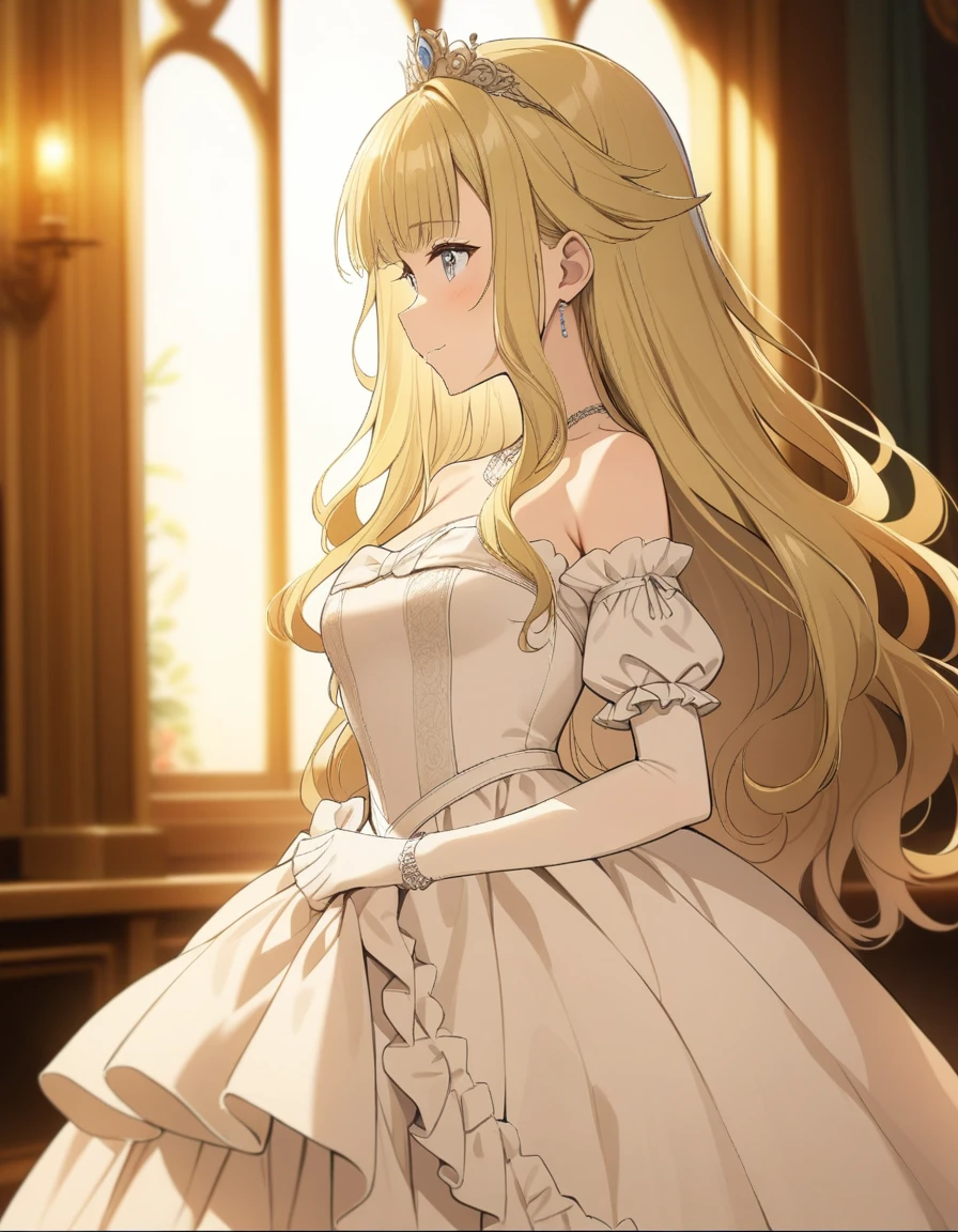 ((masterpiece)),(((best quality))),((ultra-detailed)),((illustration)),((disheveled hair)),((frills)),(1 girl),(solo), Best quality, Masterpiece, A stunningly beautiful Greer Gramer as a royal groom，Wearing a stately and delicate white satin royal dress，Decorated with a bow, frilld, embroidery, Carefully curly and styled hair., blonde_hair, grey_eyes