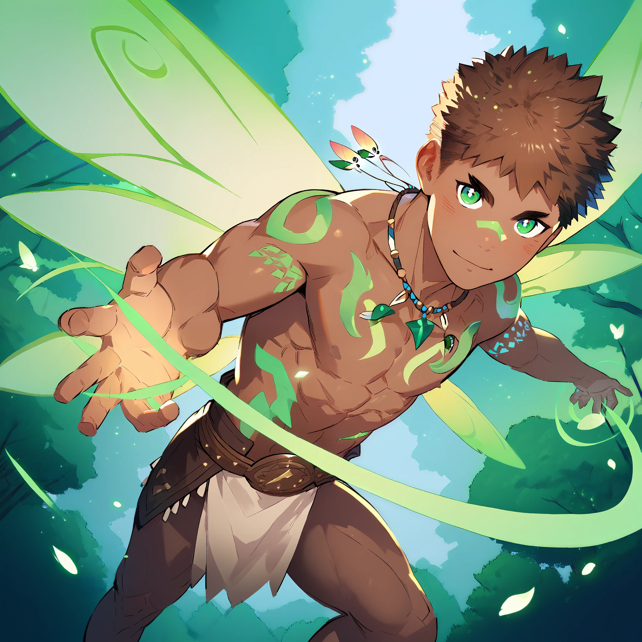 rating explicit, source anime, cinematic angle, motion lines, focus male, muscle, 1boy, whole body, dark skin male, handsome, green eyes, detailed eyes, detailed hands, brown hair, jewelry, looking at viewer, necklace, loincloth, Fairy, glowing wings, glowing green tattoo, casting green magic, magic vortex, hovering in the air, posing, looking at viewer, forest background, best quality, amazing quality, best aesthetic, masterpiece, fantasy, Anatomically correct
