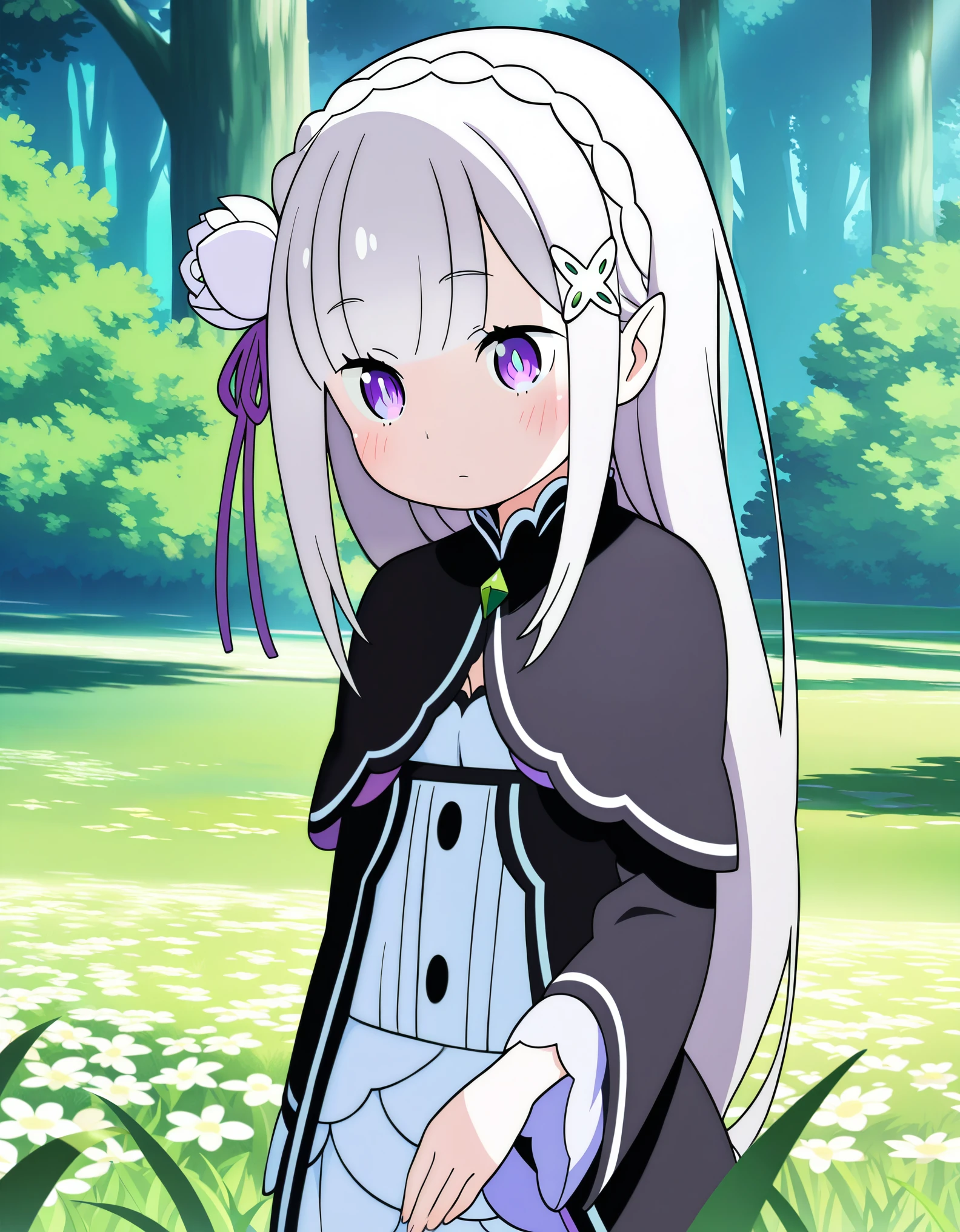 anime_coloring, anime_screencap, masterpiece, amazing quality, best quality, detailed, absurdres, illustration, game_cg, intricate, an extremely delicate and beautiful, 1 girl, cute, perfect anatomy, cute round face, slender, ultra detailed eyes, ultra detailed hair, ultra beautiful, purple eyes, pettier, emilia \(re:zero\), white hair, long hair, white dress, gothic, frills, close-up, young, forest, fantasy, flower, fairy, standing, dynamic pose,