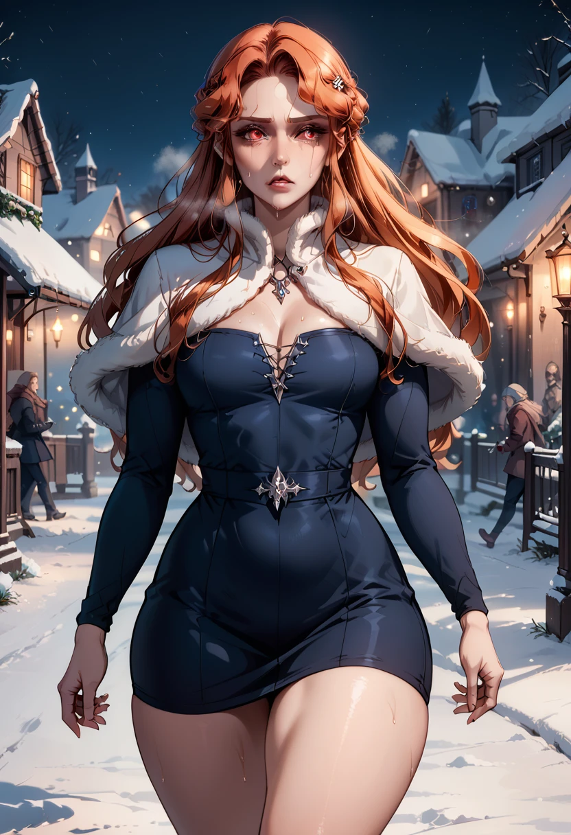 (better quality:1.3), (4K quality), Lenora  (Castlevania), ((  face image)), (( curvy body)), (big ), Sensual,red eyes ((flowing black short dress)), running in the snow,knee, perfect movement, vista inferior, night, thick thighs, Sweat, speed