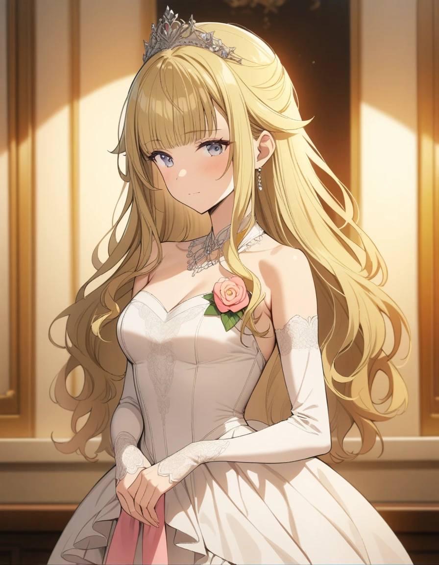 ((masterpiece)),(((best quality))),((ultra-detailed)),((illustration)),((disheveled hair)),((frills)),(1 girl),(solo), Best quality, Masterpiece, A stunningly beautiful Greer Gramer as a royal groom，Wearing a stately and delicate white satin royal dress，Decorated with a bow, frilld, embroidery, Carefully curly and styled hair., blonde_hair, grey_eyes，Corsage on the right