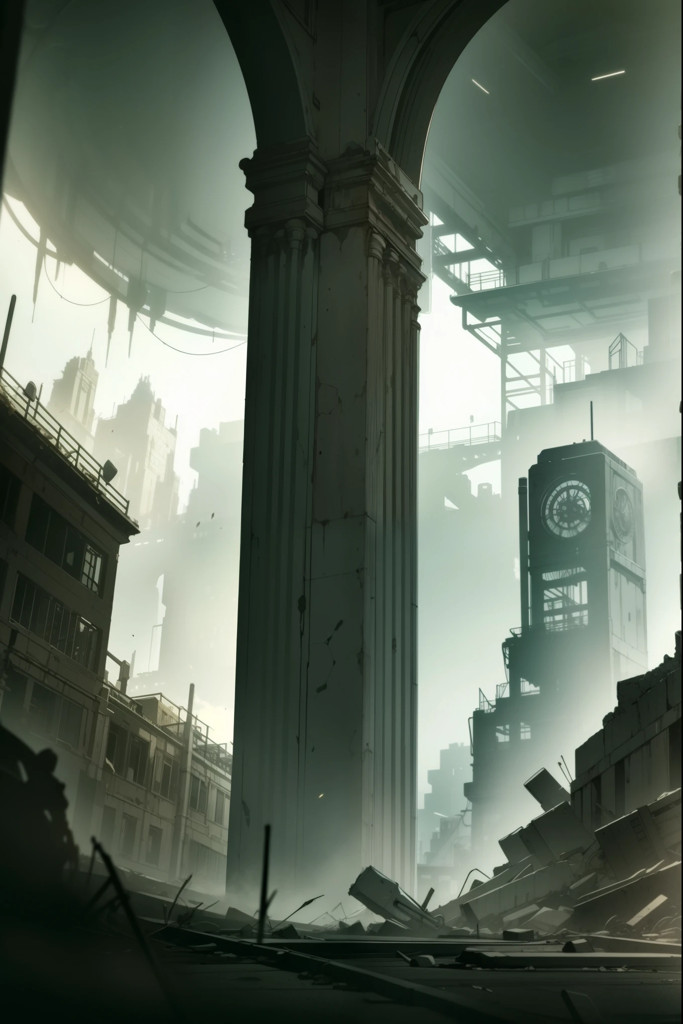 abandoned city,dystopia,foggy,gothic steampunk, masterpiece,ultra quality,extreme detailed,absurdres,time stop,impact,volumetric lighting,cinematic lighting 