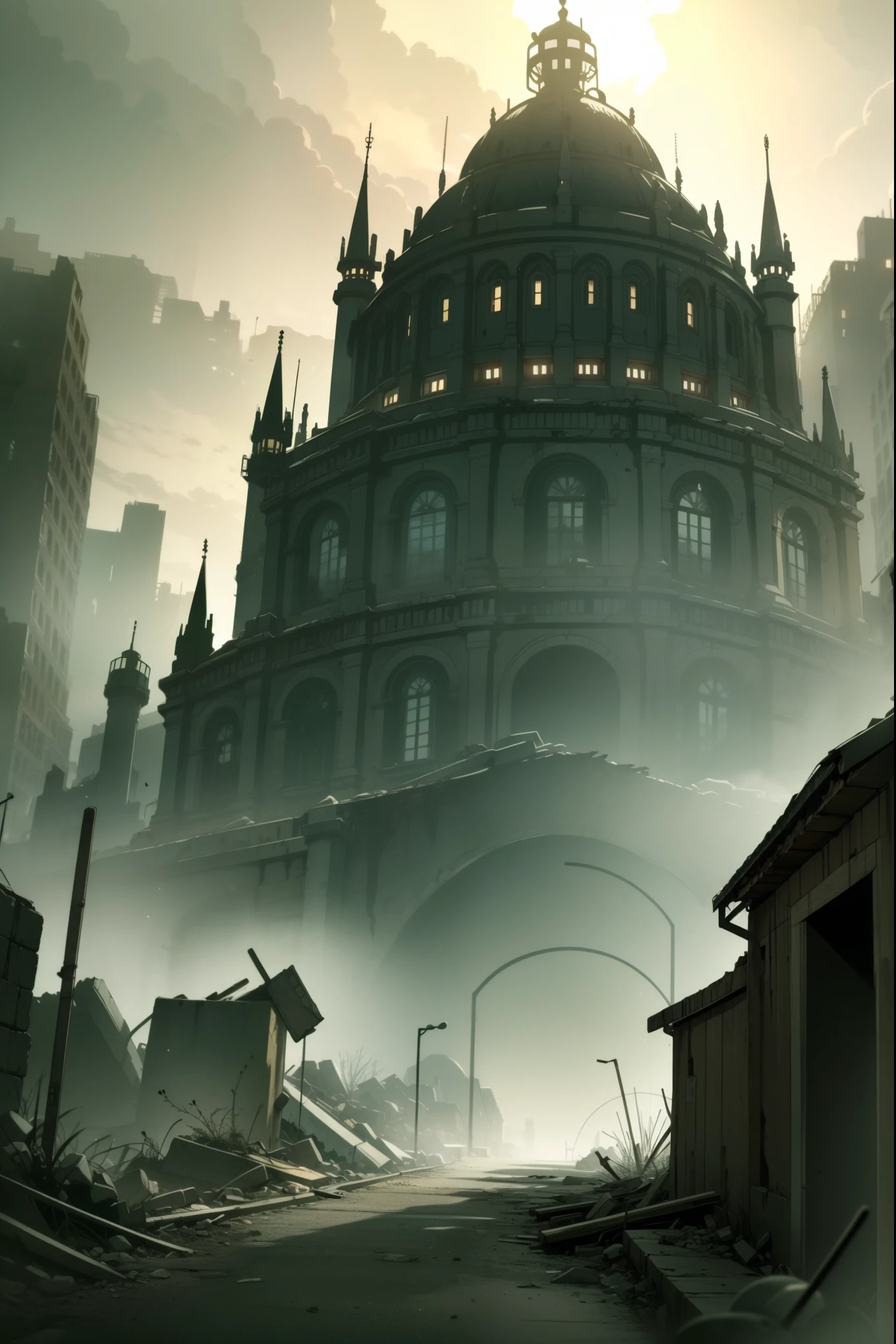 abandoned city,dystopia,foggy,gothic steampunk, masterpiece,ultra quality,extreme detailed,absurdres,time stop,impact,volumetric lighting,cinematic lighting 