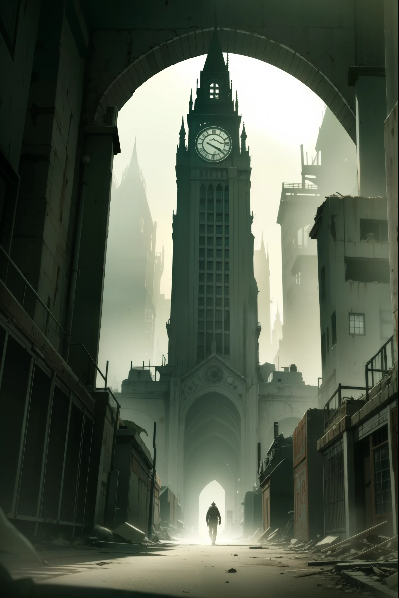 abandoned city,dystopia,foggy,gothic steampunk, masterpiece,ultra quality,extreme detailed,absurdres,time stop,impact,volumetric lighting,cinematic lighting 