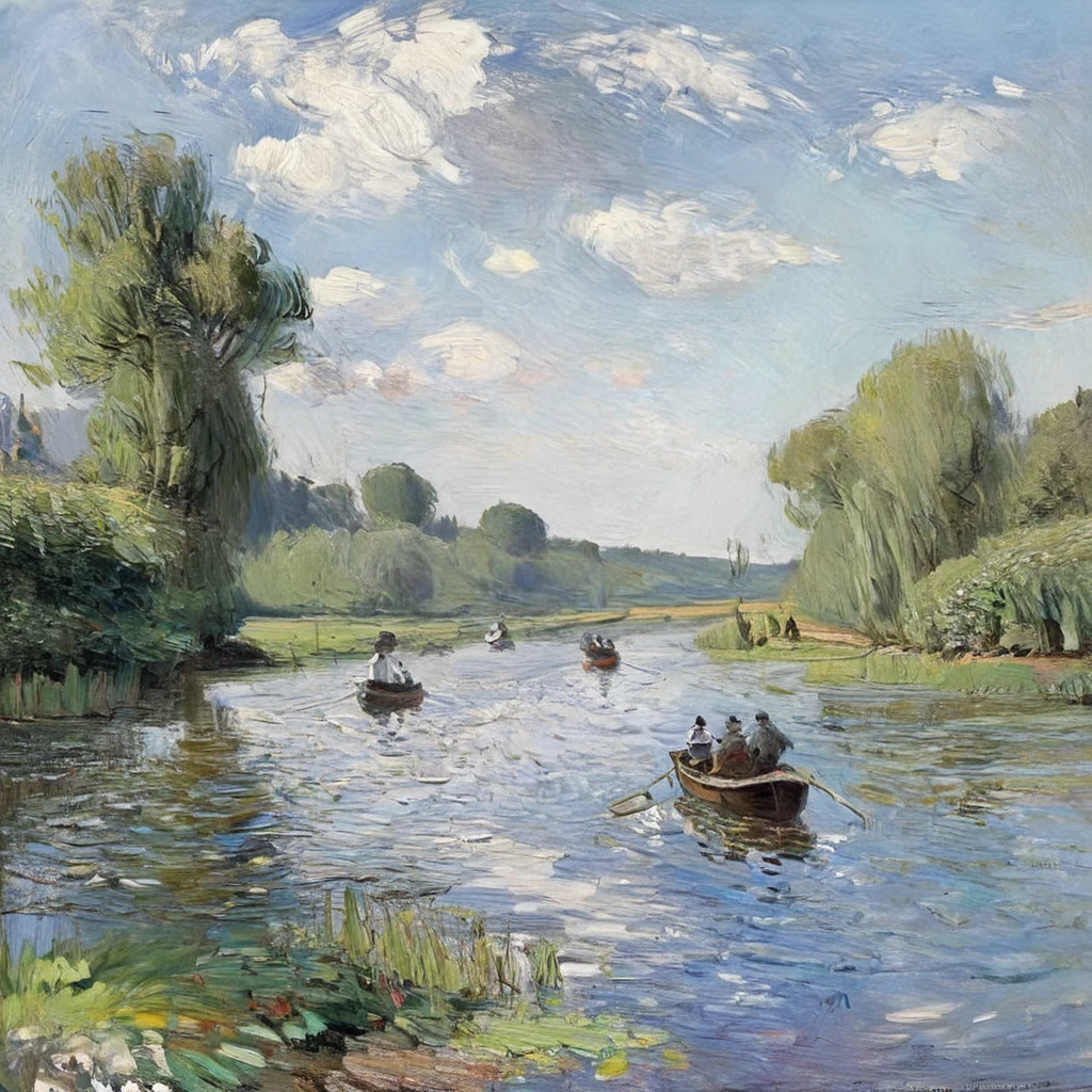 Painting by Claude Monet boat trip on a quiet river, 19th century, oil on canvas, full compliance with the style of Claude Monet