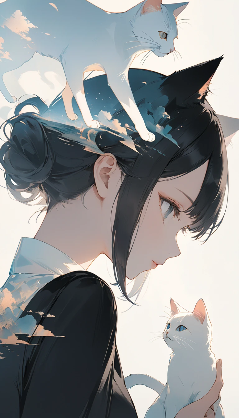 Closeup of a black cat facing sideways and the full body of a girl holding a white cat that seamlessly overlaps,Double exposure drawing 