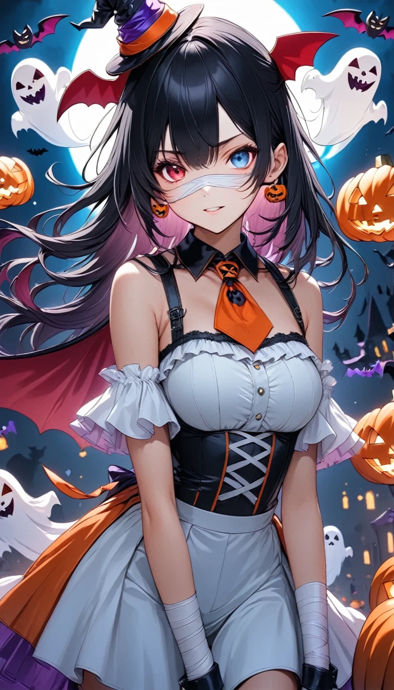 (masterpiece,   best quality  :1.2),   1 girl, Alone, \  character " Halloween version.\, Rough, long black hair,  left eye blue eye,right eye red eye 