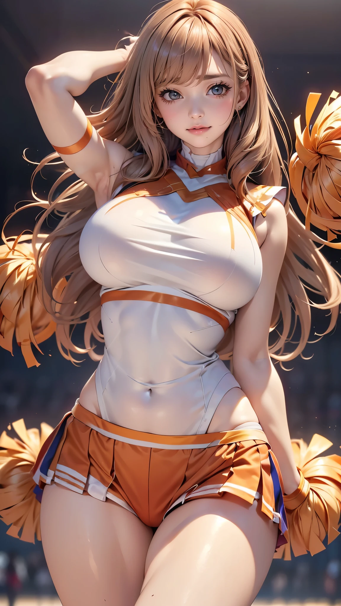 Goddess image, (from below:1.2),(1girl, ultra detailed skin, curvy,,beautiful breasts, large breasts, pale skin), (majesty of the goddess:1.3), (Hyperrealist portrait,(8k),ultra-realistic, high detail, high resolution, best quality, masterpiece,Sense of presence, dynamic, bold),(thin and soft hair:1.8),(straight hair),(Swept long bangs),(extra light coppery amber hair),(hair over one eye),(Clothes in random colors:1.5, cheerleader:1.5)