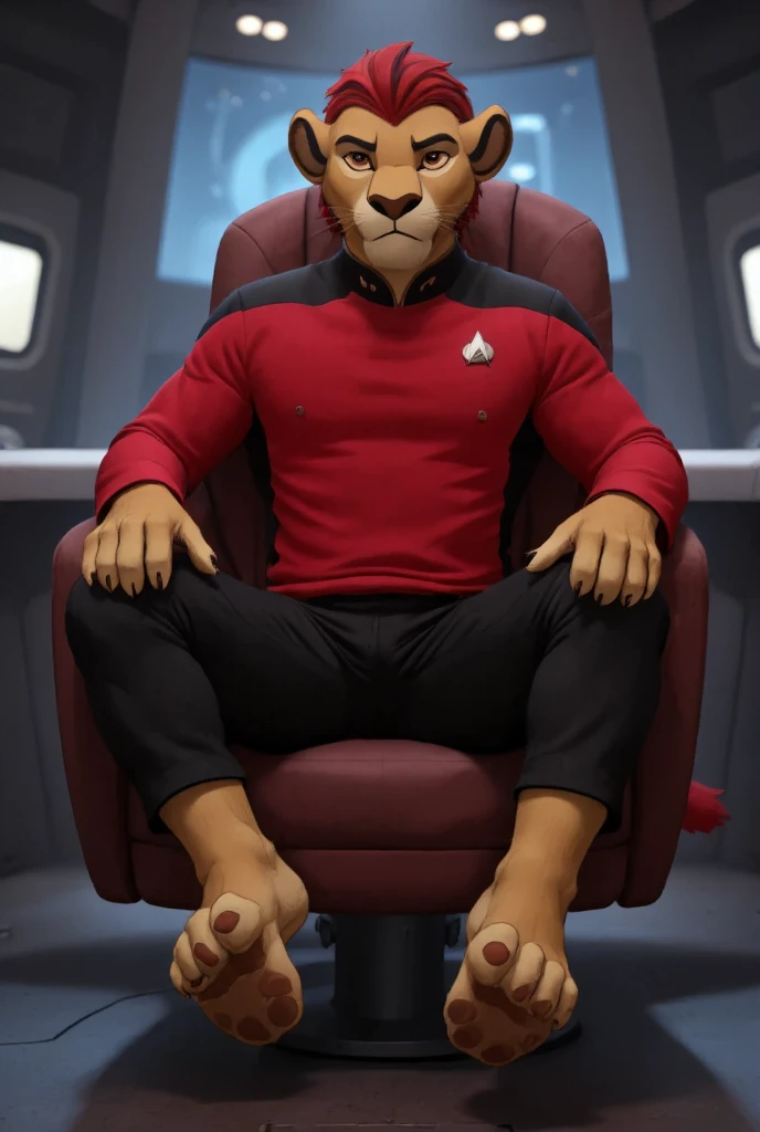 (((Barefoot furry character, full body, cinematic setting, furry boy, anthro lion, plantigrade))), (((anime))). beefy, muscular (((Kion))), (((younger Kion wearing red TNG uniform))), black shoulders, black pants, focused, determined, ((nice detailed feet paws with claws))), (((four toes))), short red hair, red tip of a tail, (((correct anatomy))) (((sitting in captain chair in command center of starship, bridge of the starship))), (((showing his soles to viewer))), (((bottoms of feet paws towards viewer))), (((soles with pawpads towards viewer))) . BREAK, intricate details, highly detailed, extreme detail, octane render, fine art, best quality, highres, (detailed face:1.5), ((full_body)), UHD, (((perfect hands))), ((low light:1.5))