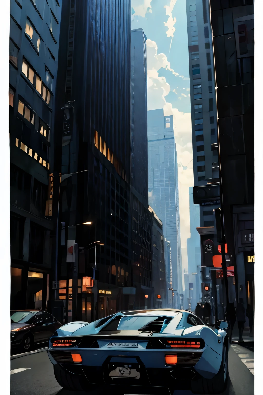 anime、Illustration、High image quality、 Kampala、One car、 Deep Blue Lamborghini　Miura SP400V 、 Urban Dusk 、Skyscrapers、Strong backlighting、