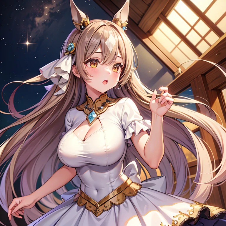 (( best quality )), ((masterpiece)), ( Details), Satono Diamond、Horse Girl、whole body、
 long hair、 half up 、 Had、 hair between eyes 、 animal ears 、earrings、Horse tail、Large Breasts、Deep valley、
(White evening dress、pumps)、
Inside the lavishly decorated ballroom 、８k
