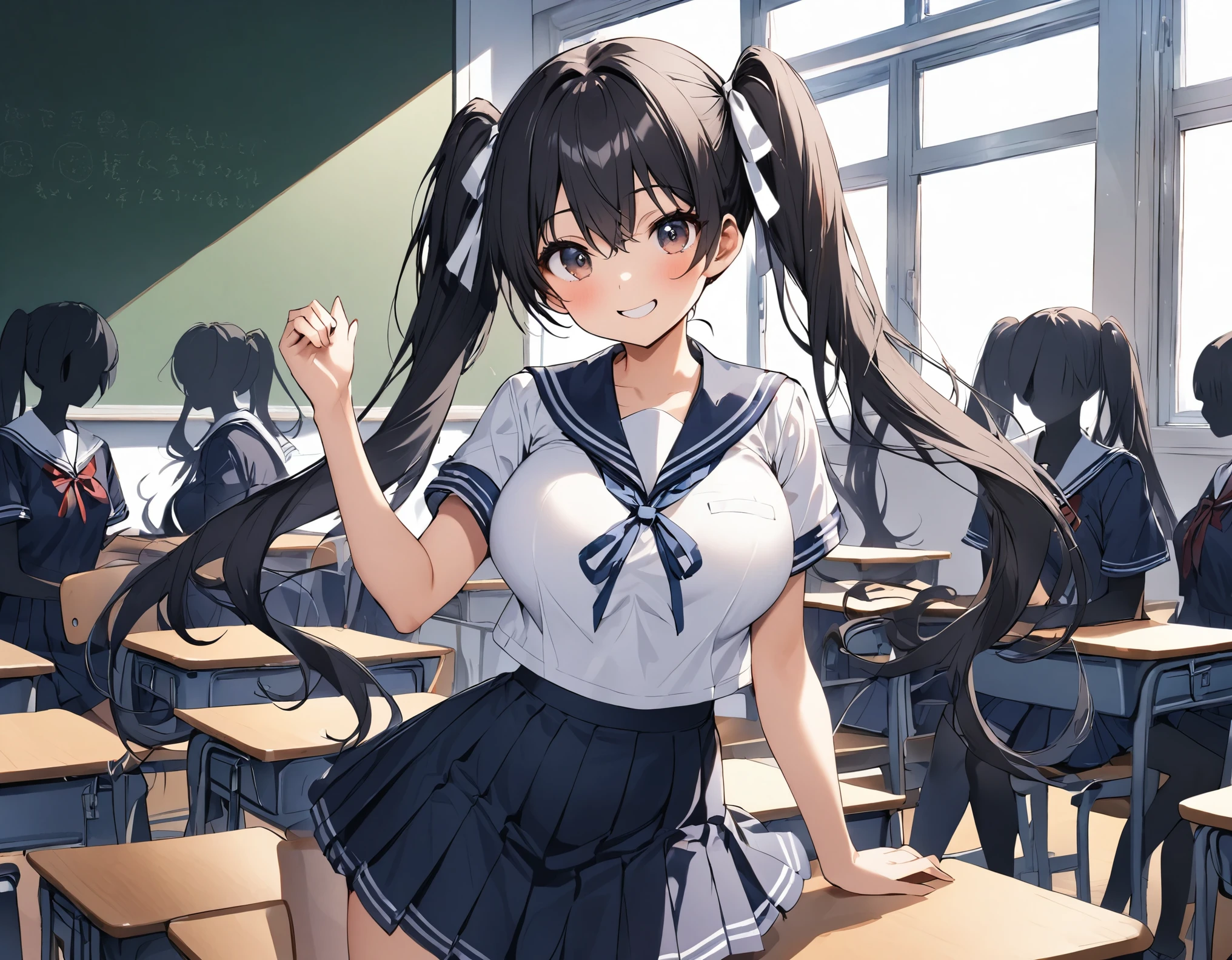 The background is a school classroom in front of a blackboard with desks, chairs, and windows arranged in the same direction, a dark blue high school girl with dark hair :1.3( twin tails:1.3)A dark blue high school girl with middle hair, brown eyes, large white ribbon breasts, and large :1.2 thick legs for summer(White collar:1.3)Short-sleeved white summer sailor suit :1.Navy blue wearing 3 :1.A dark blue high school girl in a pleated skirt with 3 ties, she is surrounded by multiple classmates, smiling happily and raising one hand ((My classmate is a dark blue high school girl with a silhouette expression :1.3))